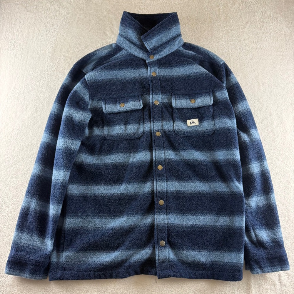 Quiksilver Fleece Shirt Jacket Striped Snap Front Blue Mens L Surf Skate Layer